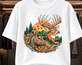 Deer Hunting PNG, Whitetail Buck T-Shirt Design, Hunter Sunset Sublimation, Camo Outdoor Hunting Art, Big Antler Buck Shirt Design