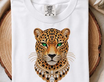 Jeweled Leopard PNG, Rhinestone Leopard Face T-Shirt Design, Bling Diamond Leopard Sublimation, Animal Print Crystal Art, Bling Cat Design
