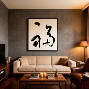 Art mural calligraphie zen fu, affiche de bénédiction chinoise cursive abstraite (téléchargement numérique)