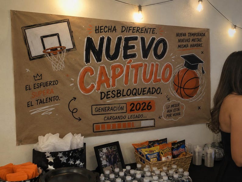 May include: A large tan banner featuring basketball-themed graphics and Spanish text including "NUEVO CAP&Iacute;TULO DESBLOQUEADO," "GENERACI&Oacute;N 2026," and "CARGANDO LEGADO." The design includes a basketball hoop, a basketball wearing a graduation cap, and a loading bar.