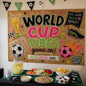May include: A large rectangular banner with a tan background featuring the text WORLD CUP VIBES game on! EAT, SLEEP, SOCCER, REPEAT! PASSION. FOOTBALL. GLORY. LET'S GO! and illustrations of a gold trophy, soccer balls, and a black and green cleat.