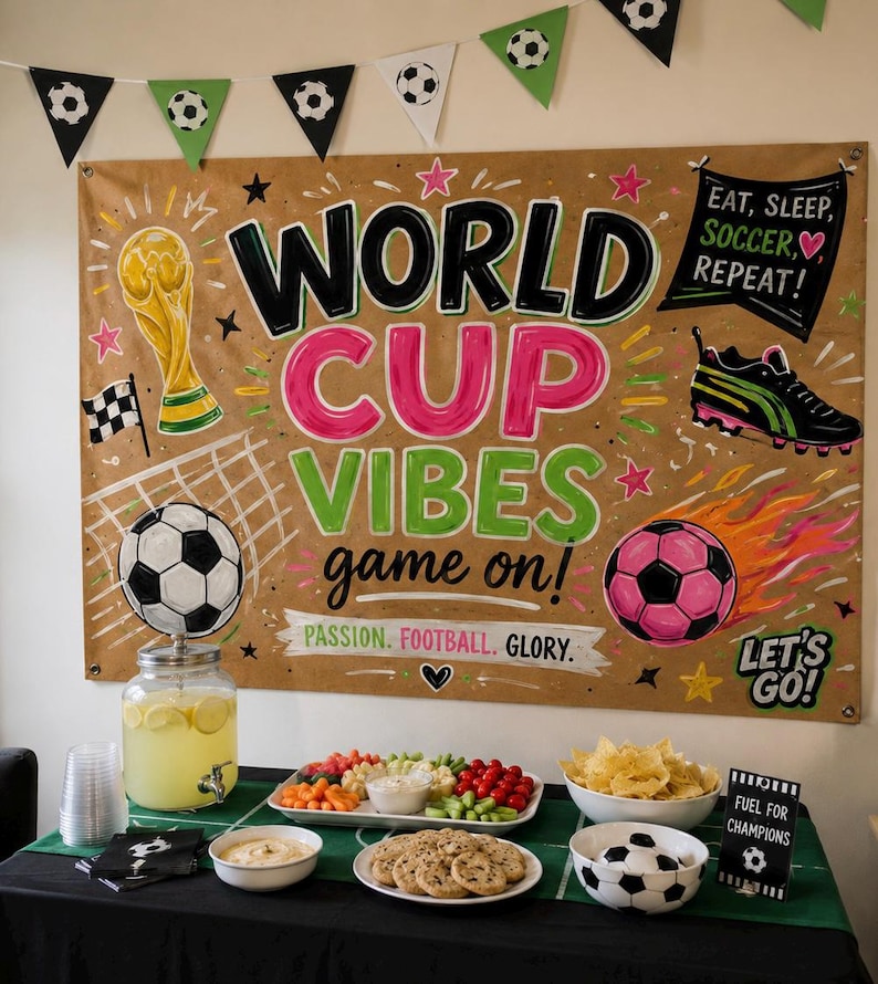 May include: A large rectangular banner with a tan background featuring the text WORLD CUP VIBES game on! EAT, SLEEP, SOCCER, REPEAT! PASSION. FOOTBALL. GLORY. LET'S GO! and illustrations of a gold trophy, soccer balls, and a black and green cleat.