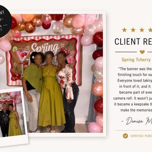 May include: A rectangular banner featuring a pink and white striped border, a graphic of a cocktail glass with cherries, and the text "Spring Tcherry Bash". The banner is framed by a balloon arch in shades of pink, red, and metallic gold.