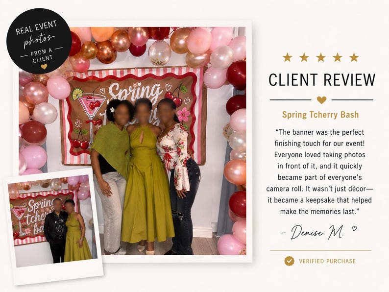 May include: A rectangular banner featuring a pink and white striped border, a graphic of a cocktail glass with cherries, and the text "Spring Tcherry Bash". The banner is framed by a balloon arch in shades of pink, red, and metallic gold.