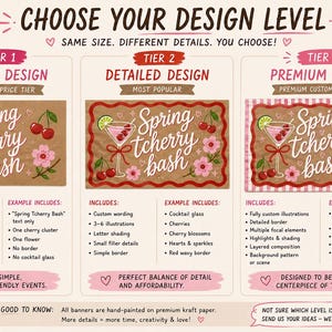 May include: An infographic titled CHOOSE YOUR DESIGN LEVEL displaying three tiers of custom hand-painted kraft paper banners. Each tier features the text Spring Tcherry Bash with varying levels of illustrations, borders, and decorative details.