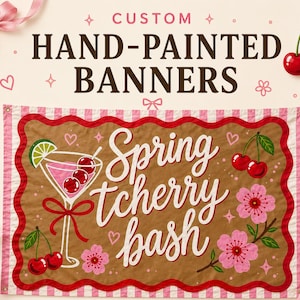 May include: A rectangular banner with a scalloped red border and a light brown center featuring the text Spring tcherry bash in white script. The design includes a pink cocktail with cherries, a lime wedge, and pink cherry blossom flowers.