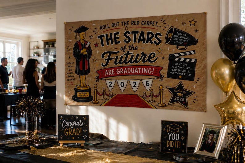 May include: A large rectangular graduation banner with a tan background featuring the text "ROLL OUT THE RED CARPET... THE STARS OF THE FUTURE ARE GRADUATING!" and "2026" on white pennants. It includes illustrations of a trophy, megaphone, and film clapper.