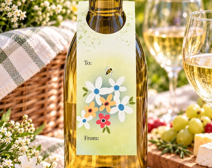 Floral Wine Bottle Tags, Daisy Bee Design, Personalized Gift Decor (Set of 8)
