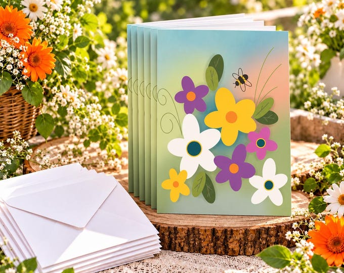 Retro Floral Greeting Cards | Colorful Flowers, Honey Bee Stationery (Set of 10)