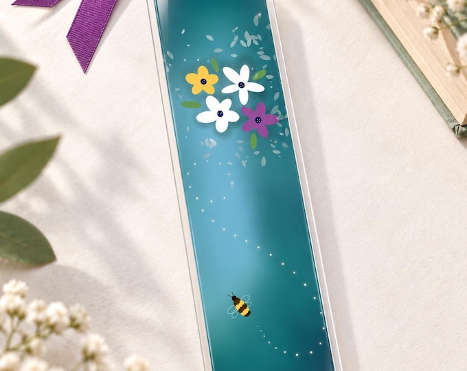Laminated Bee Bookmark | Floral Garden Lover Gift (Purple Ribbon)