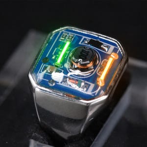 May include: A silver-toned ring featuring a rectangular face embedded with a blue circuit board. The electronic components include a central black circular inductor marked 100, a glowing green linear light, and a glowing orange linear light.