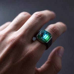 Könnte beinhalten: Ein silberfarbener Ring mit einer rechteckigen Fassung, in die eine grüne Leiterplatte eingelassen ist. In der Mitte des Rings befindet sich ein kleines, leuchtendes grünes Licht und ein dunkles, kreisförmiges elektronisches Element.