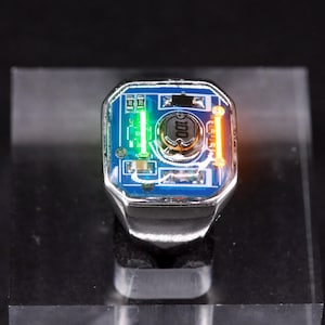 Cyberpunk Ring for Men, LED Light Up Circuit Board Rings, Resizable Geeky Techwear Jewelry, Computer Engineer Gift