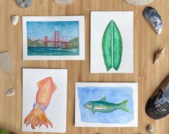 Carte collezionabili (ATC) di artisti oceanici della California / Mini illustrazioni costiere / Carte collezionabili di spiaggia e mare