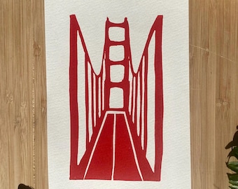 Handmade Linocut Golden Gate Bridge Print | Red Ink, Textured Paper (5x7 inches)