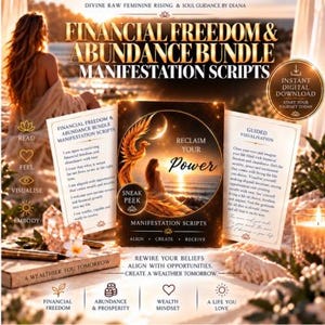 May include: A digital product bundle titled Financial Freedom & Abundance Bundle Manifestation Scripts. It features a central card with a phoenix and sunset graphic, flanked by two text-heavy cards, all set against a warm, glowing background.