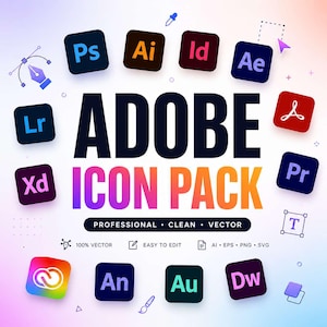 Può includere: Una grafica digitale che presenta il testo ADOBE ICON PACK in grandi lettere nere e arancioni, circondato da varie icone di applicazioni software Adobe, tra cui Ps, Ai, Id, Ae, Lr, Xd, Pr, An, Au e Dw su uno sfondo chiaro.