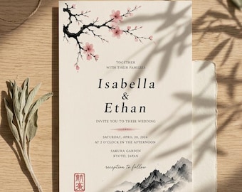 Mall för japansk sakura-bröllopsinbjudan