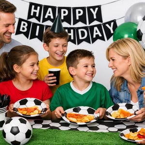 May include: A soccer-themed party set including black and white soccer ball patterned paper plates, cups, and a table runner, along with black plastic cutlery, a black Happy Birthday banner, and a soccer ball balloon for a sports celebration.