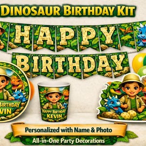 Personalized Dinosaur Birthday Kit - Custom Cake Topper, Banner, Plates, Cups & Dino Mask