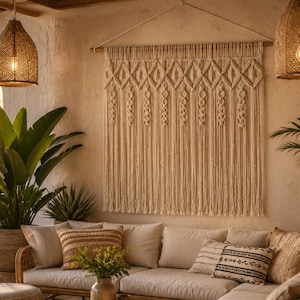 May include: A large off-white macrame wall hanging with intricate diamond and tassel patterns suspended from a wooden rod, displayed on a textured wall above a beige sectional sofa with various throw pillows and a round woven coffee table.