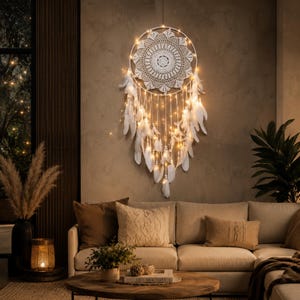 Puede incluir: Un atrapasueños circular blanco con un patrón central de ganchillo, plumas blancas colgantes y luces de cadena integradas de tono cálido. El marco circular está suspendido, con múltiples hilos de luces y plumas que caen en cascada.