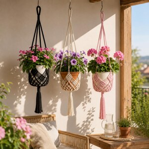 May include: Three macrame plant hangers suspended from hooks, each holding a potted plant. The left hanger is black with pink flowers, the center is cream with purple flowers, and the right is light pink with pink flowers, all featuring tassels.