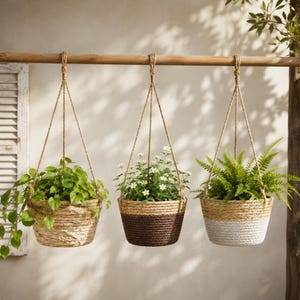 May include: Three hanging planters suspended from a wooden rod. The left basket is natural tan rope with a trailing green plant. The center basket is two-toned with a dark brown base and natural top, holding white flowers. The right basket is natural tan and white rope with a green fern.