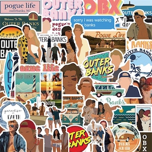 May include: A collection of colourful stickers featuring Outer Banks themes, including illustrations of characters, surfboards, lighthouses, vintage vans, and text such as Pogue Life, OBX, and sorry i was watching outer banks in various fonts and styles.