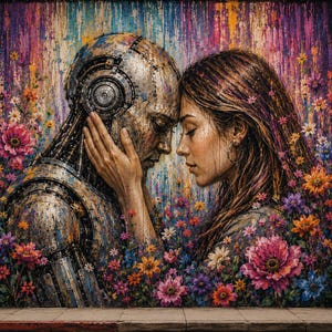 May include: A wall art print featuring a metallic robot and a human with long brown hair touching foreheads. The figures are surrounded by a vibrant, colorful floral pattern with pink, orange, and blue flowers against a textured, vertical-striped background.