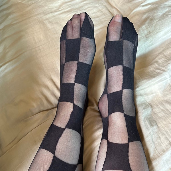 90s Black Checkered Vintage Tights Pantyhose Hosiery