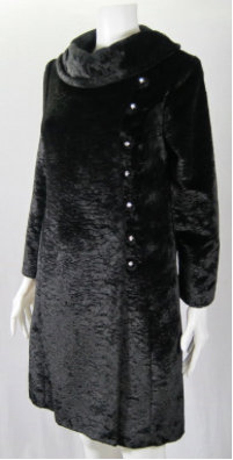 1960s Vintage Faux Fur Black I MAGNIN coat RHINESTONE BUTTONS