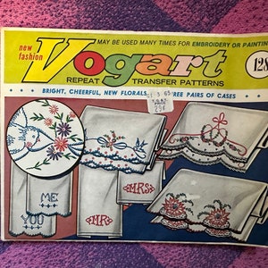 Vintage Vogart Embroidery Transfer Pattern #128: Floral Motifs, Linens