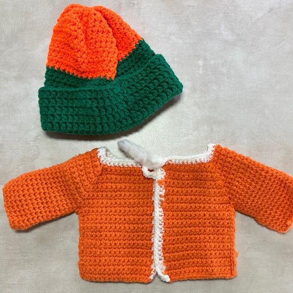 Vintage Homemade Orange Knitted Doll Jacket and Beanie Hat