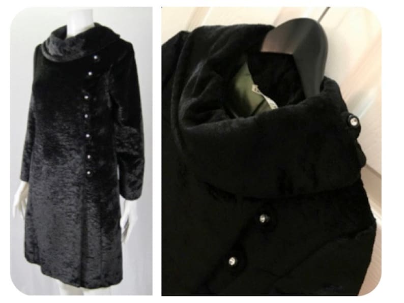 1960s Vintage Faux Fur Black I MAGNIN coat RHINESTONE BUTTONS