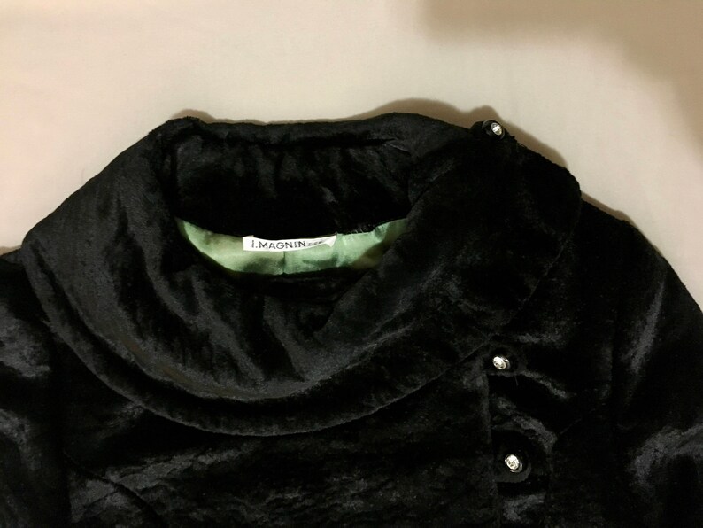 1960s Vintage Faux Fur Black I MAGNIN coat RHINESTONE BUTTONS