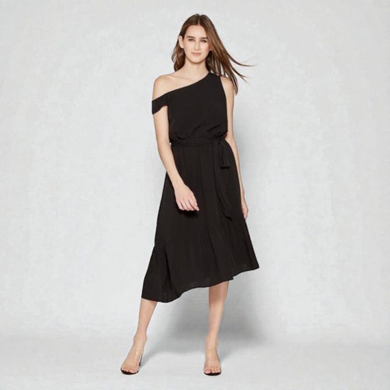 mossimo black dress Mossimo Women's Asymmetric One or Off Shoulder Black Midi Belted Dress