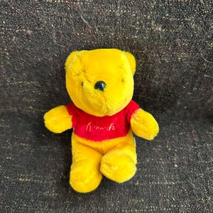 Könnte beinhalten: Ein gelbes Winnie-the-Pooh-Plüschtier mit einem roten Hemd mit eingesticktem Namen. Das Stofftier hat eine schwarze Nase und sitzt aufrecht. Der Hintergrund ist eine strukturierte braune Oberfläche.