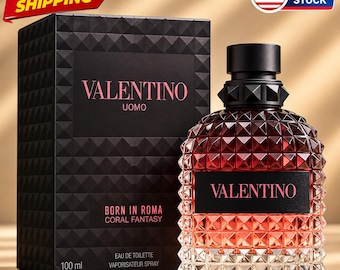 May include: A Valentino Uomo Born in Roma Coral Fantasy eau de toilette spray bottle and its matching black box. The glass bottle features a textured stud pattern, a black cap, and a gradient red to clear base. The box displays the same stud design.