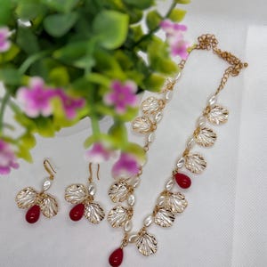 Handmade Gold Leaf Jewelry Set | Pearl, Ruby Red Charms Necklace Earrings