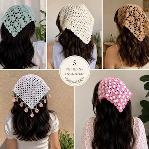 Puede incluir: Cinco pañuelos de ganchillo en varios colores y diseños, incluyendo verde claro, crema, beige, blanco con detalles de flores rosas y patrones de cuadros rosas y blancos. El texto central dice 5 PATTERNS INCLUDED con un gráfico de hojas.