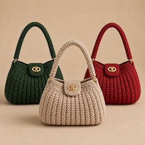 May include: Three small handbags made of crocheted yarn in dark green, beige, and deep red. Each bag features a single rounded handle, a textured ribbed pattern, and a gold-toned metal twist-lock closure on a small flap centered at the top.