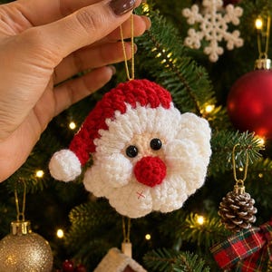 Virkat nyckelringsmönster för jultomtenansikte, amigurumi-handledning, julpåseberlock (PDF-nedladdning)
