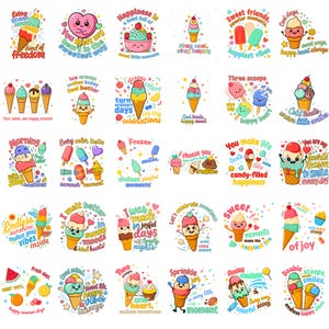 May include: A collection of thirty colorful stickers featuring cartoon ice cream cones, popsicles, and sundaes with cheerful faces, surrounded by playful decorative elements like stars, hearts, and various motivational phrases in vibrant typography.