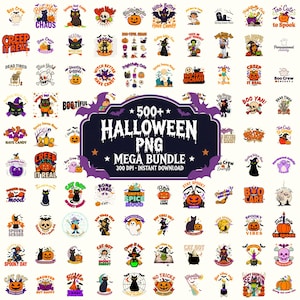 Pode incluir: Uma coleção digital de designs gráficos com tema de Halloween, incluindo gatos, abóboras, fantasmas, caveiras e bruxas. O rótulo central roxo escuro exibe o texto 500+ HALLOWEEN PNG MEGA BUNDLE 300 DPI INSTANT DOWNLOAD com silhuetas de morcegos.