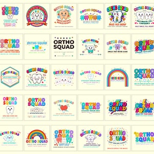 Könnte beinhalten: Eine Sammlung von dreißig quadratischen digitalen Grafiken mit dem Text Ortho Squad in verschiedenen bunten Schriftarten, begleitet von Cartoon-Zahnfiguren mit Zahnspangen, Regenbögen, Herzen und zahnmedizinischen Slogans auf cremefarbenem Grund.