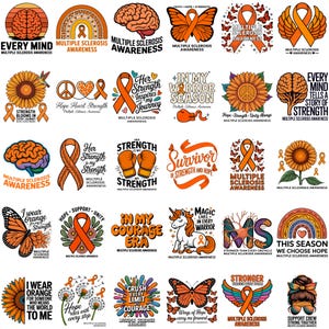 Può includere: Una collezione di trenta design grafici per la sensibilizzazione alla sclerosi multipla con nastri arancioni, girasoli, cervelli, farfalle, unicorni, guantoni da boxe e arcobaleni con testi ispiratori come Every Mind.