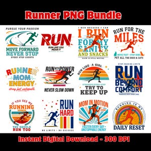 以下が含まれることがあります： Run Like You Mean It、Run For The Miles、Runner Mom Energyなどのモチベーションを高めるテキストと、様々なポーズのランナーが描かれた12種類のグラフィックデザインのデジタルコレクション。カラフルなタイポグラフィを用いたグリッドレイアウトで構成されています。