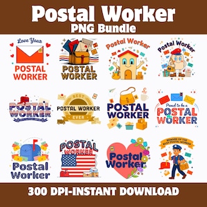 May include: A digital collection of twelve colorful illustrations featuring postal worker themes, including envelopes, mailboxes, packages, and cartoon characters. The graphics incorporate text such as Postal Worker, Love Your Postal Worker, and Proud to be a Postal Worker, with various red, blue, and yellow color schemes.