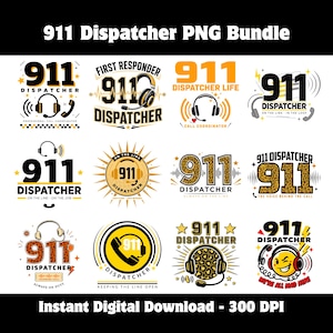 May include: A digital collection of twelve 911 dispatcher graphic designs featuring headsets, telephones, and text such as 911 Dispatcher, First Responder, and 911 Dispatcher Life. The designs use a color palette of black, white, yellow, and leopard print.